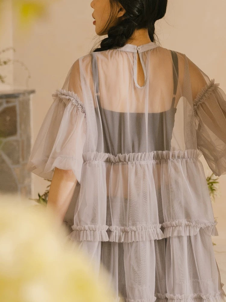 靚重工✨ 澎袖透紗蛋糕娃娃裙罩衫|2色入