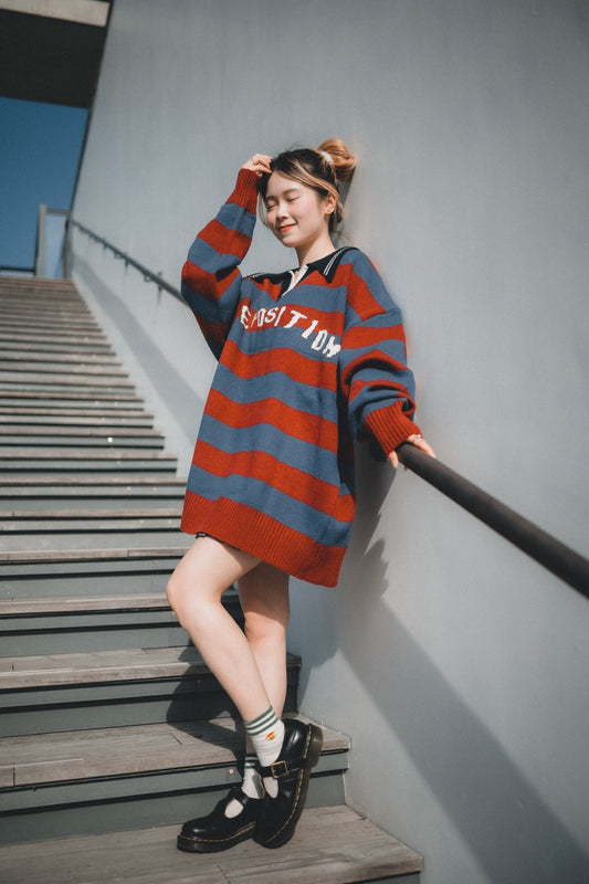 復古棒球風REPOSITION拼色針織上衣|3色入