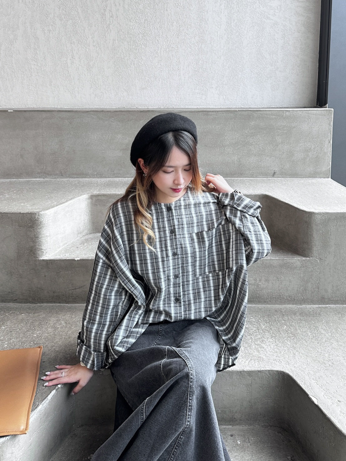 復古文青風口袋圓領格子恤衫|3色入