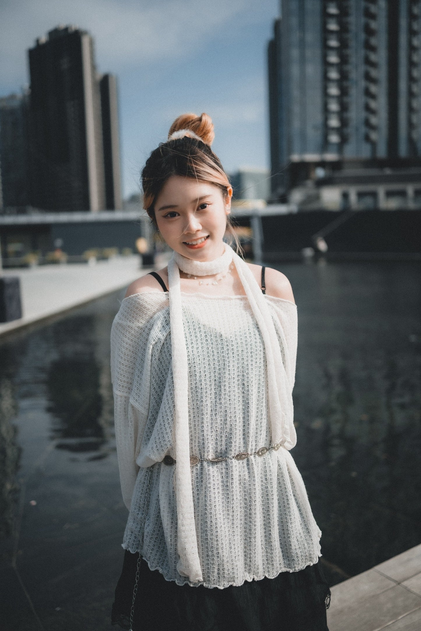 LOOSE FIT薄針織上衣 連圍巾set|3色入