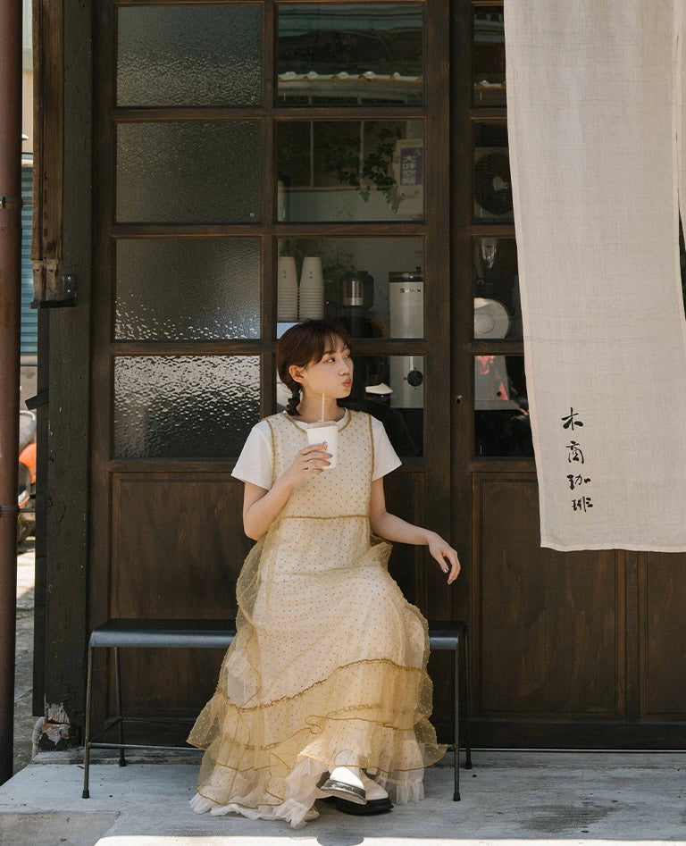 立體點點蛋糕下擺透膚綁帶罩衫|4色入