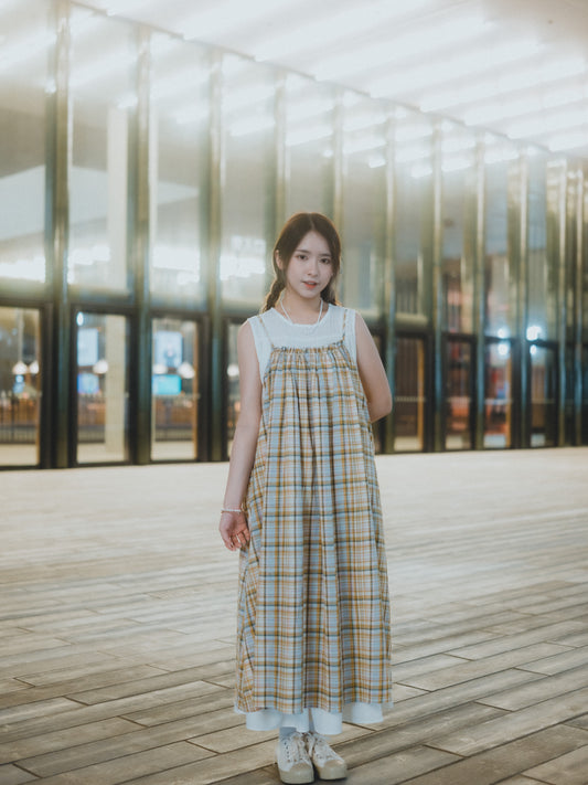 日系雜混色格紋吊帶OPS|2色入