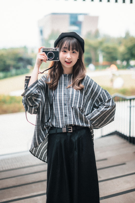 復古文青風口袋圓領格子恤衫|3色入