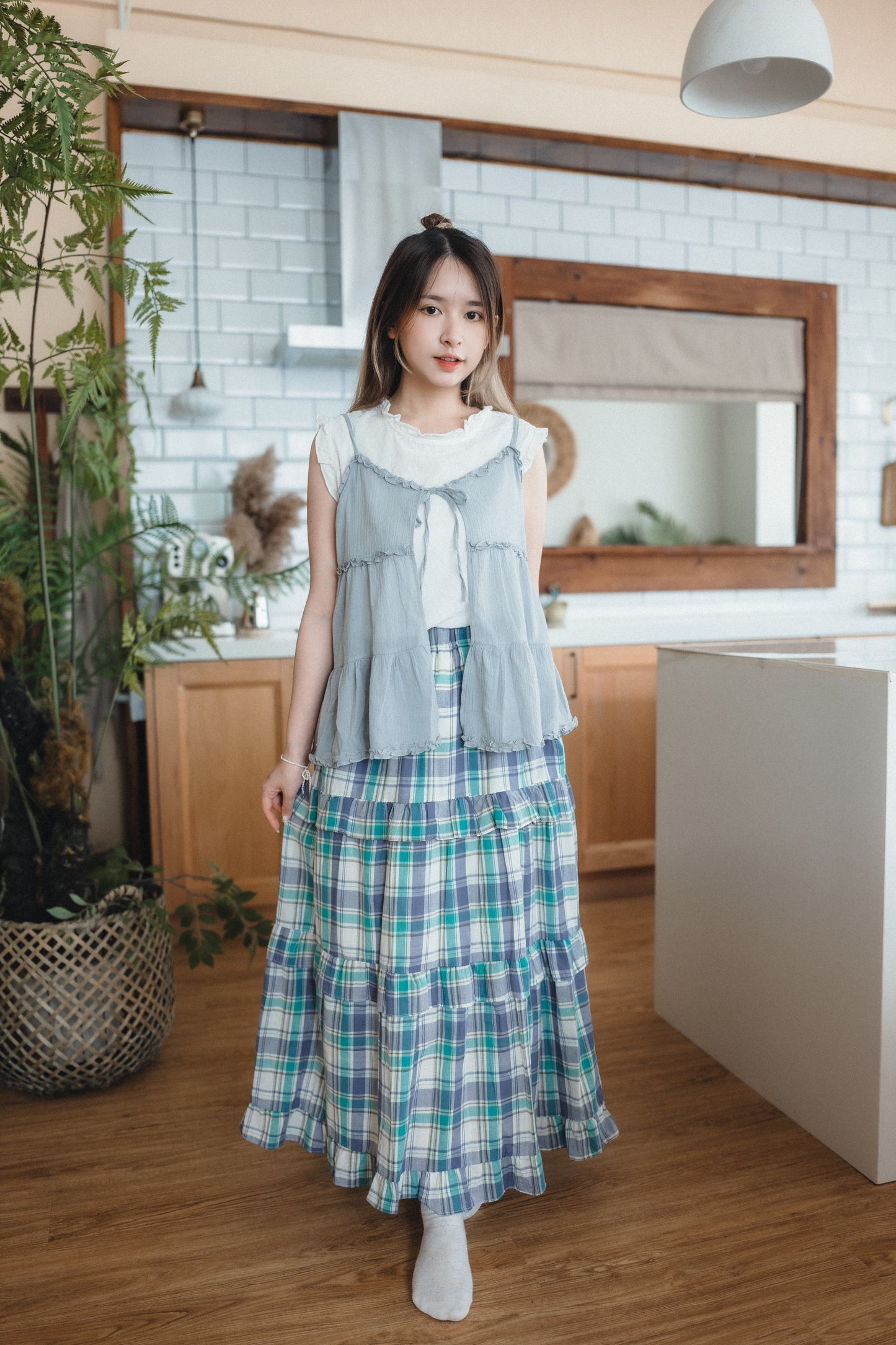 日系格子Ruffle邊大裙襬傘裙|2色入