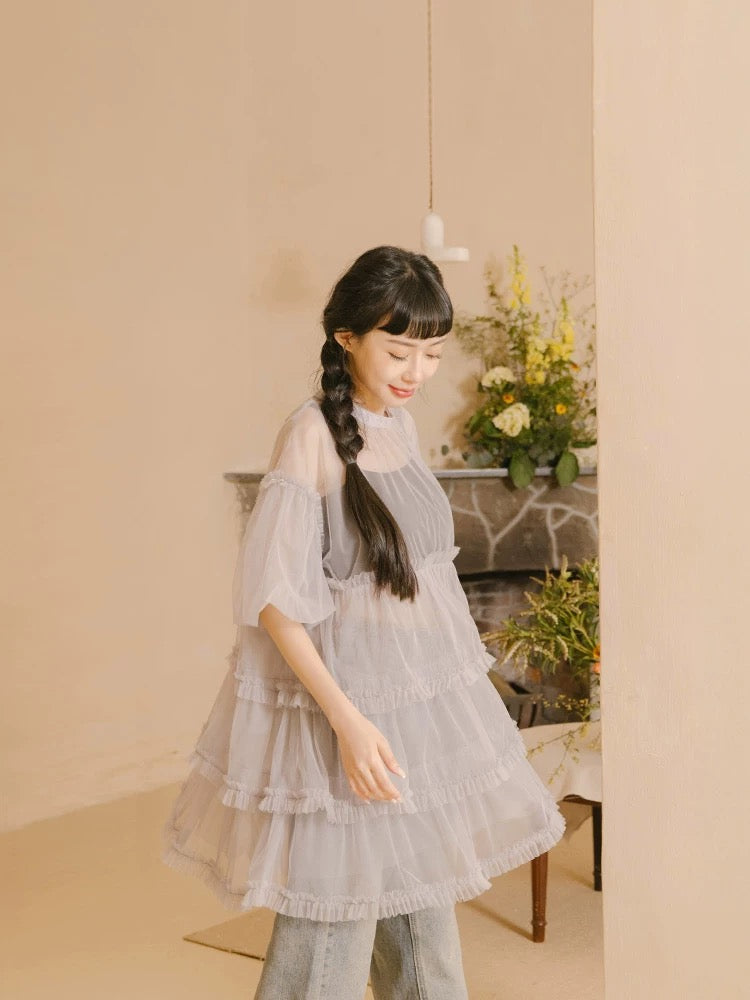 靚重工✨ 澎袖透紗蛋糕娃娃裙罩衫|2色入