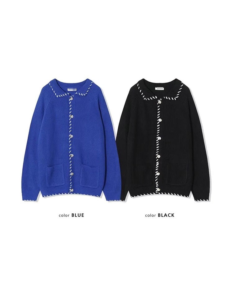 白色粗車線反領針織外套|2色入