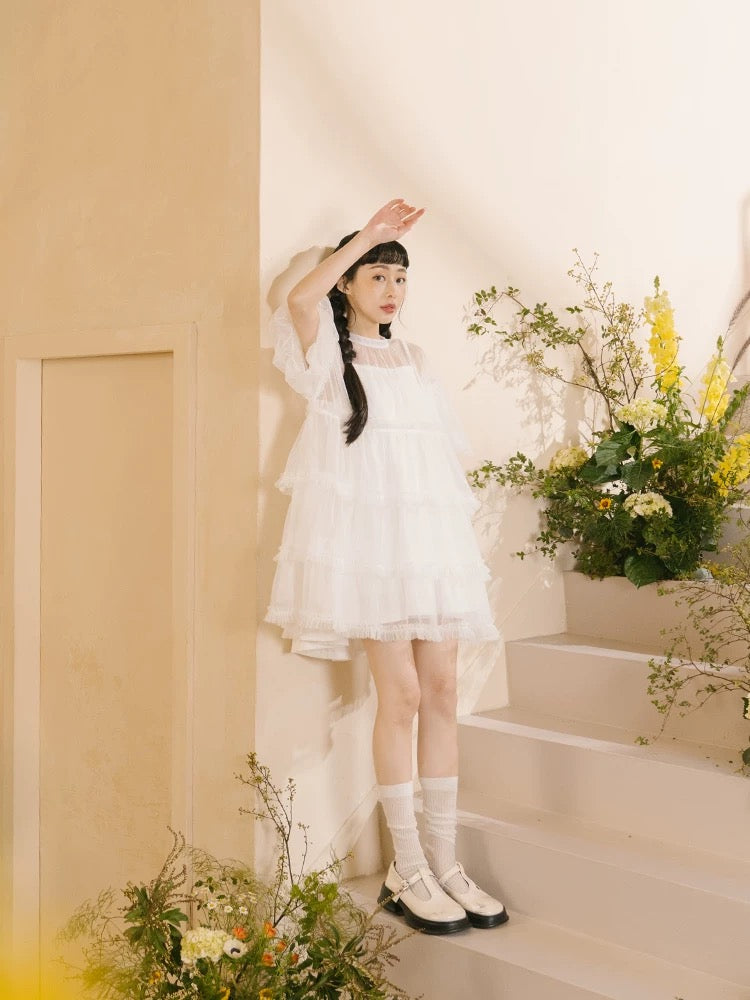 靚重工✨ 澎袖透紗蛋糕娃娃裙罩衫|2色入