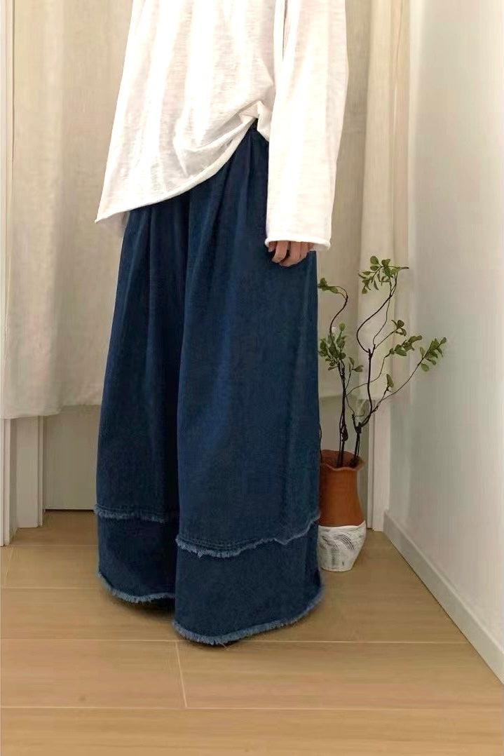 大家敲碗的🫶🏻✨ 橡筋褲頭小破邊牛仔闊褲|1色入