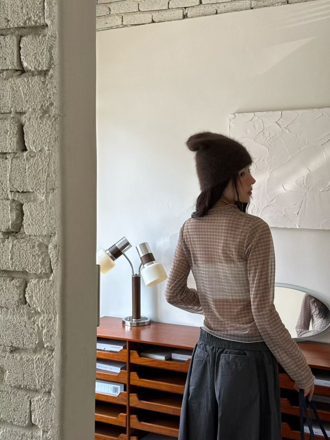 透膚格紋合身花邊top|4色入