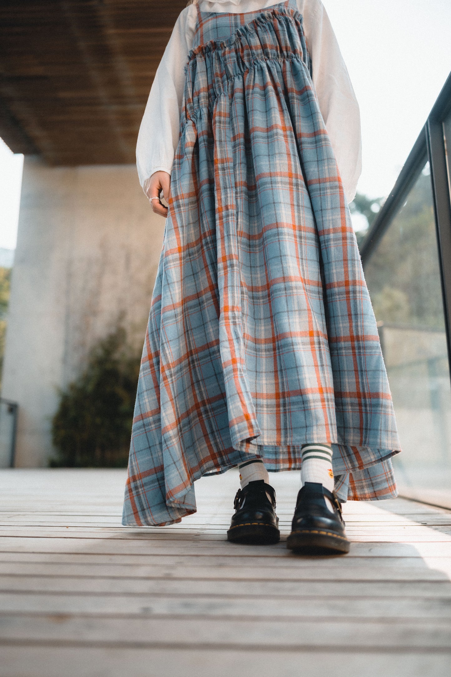 格子斜Ruffle吊帶OPS|2色入