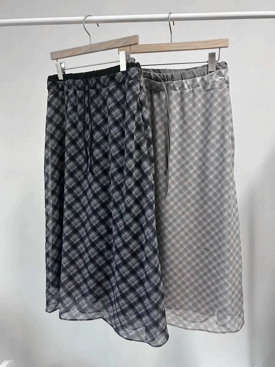 法式半透紗斜格紋半身裙|2色入