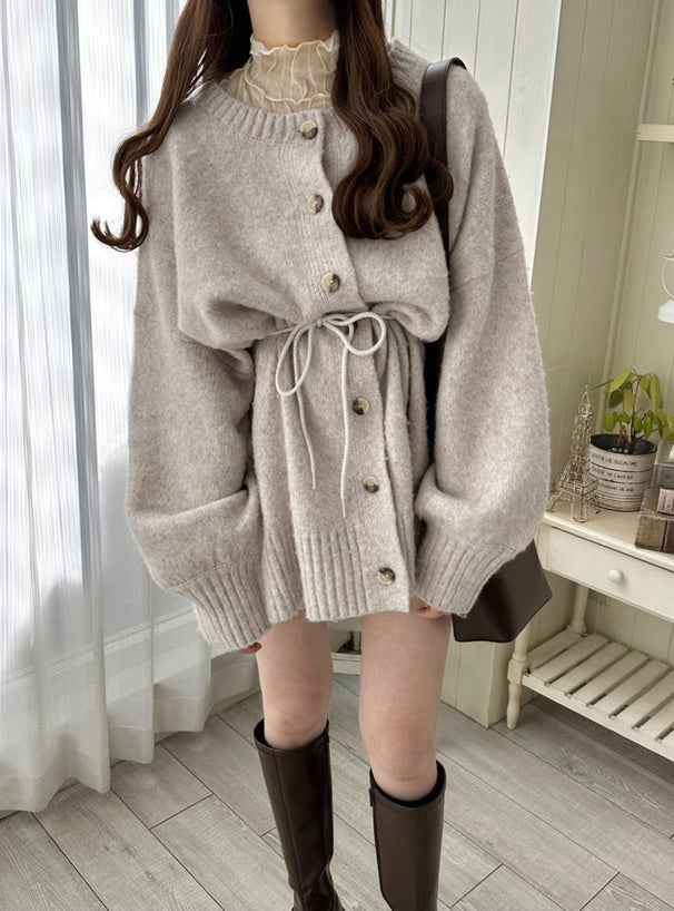 馬海毛觸感針織開襟衫搭配腰帶|5色入