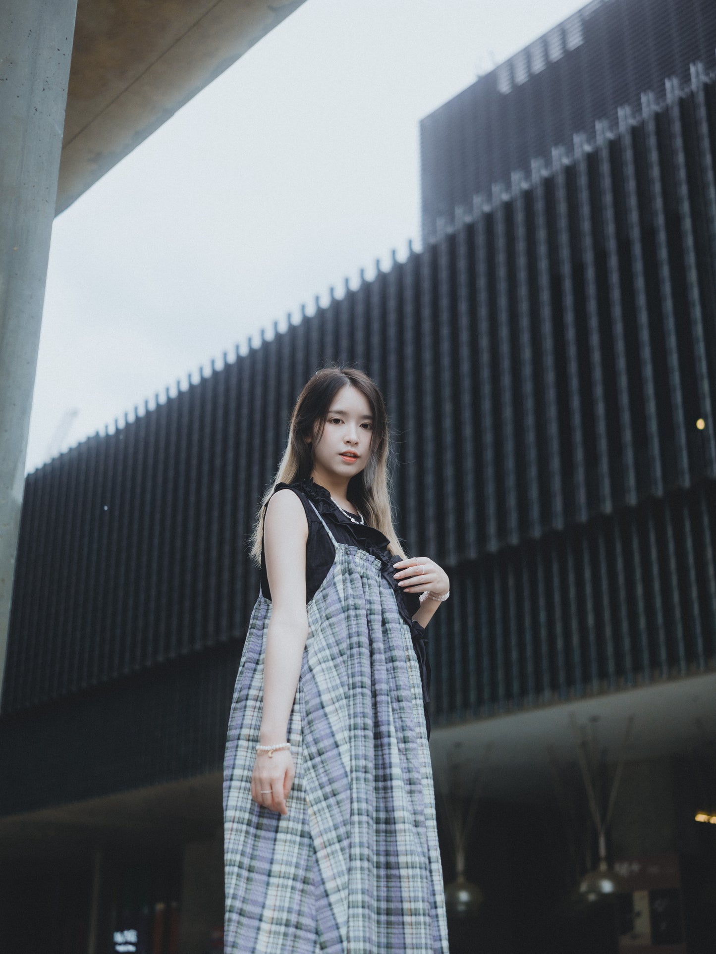 日系雜混色格紋吊帶OPS|2色入