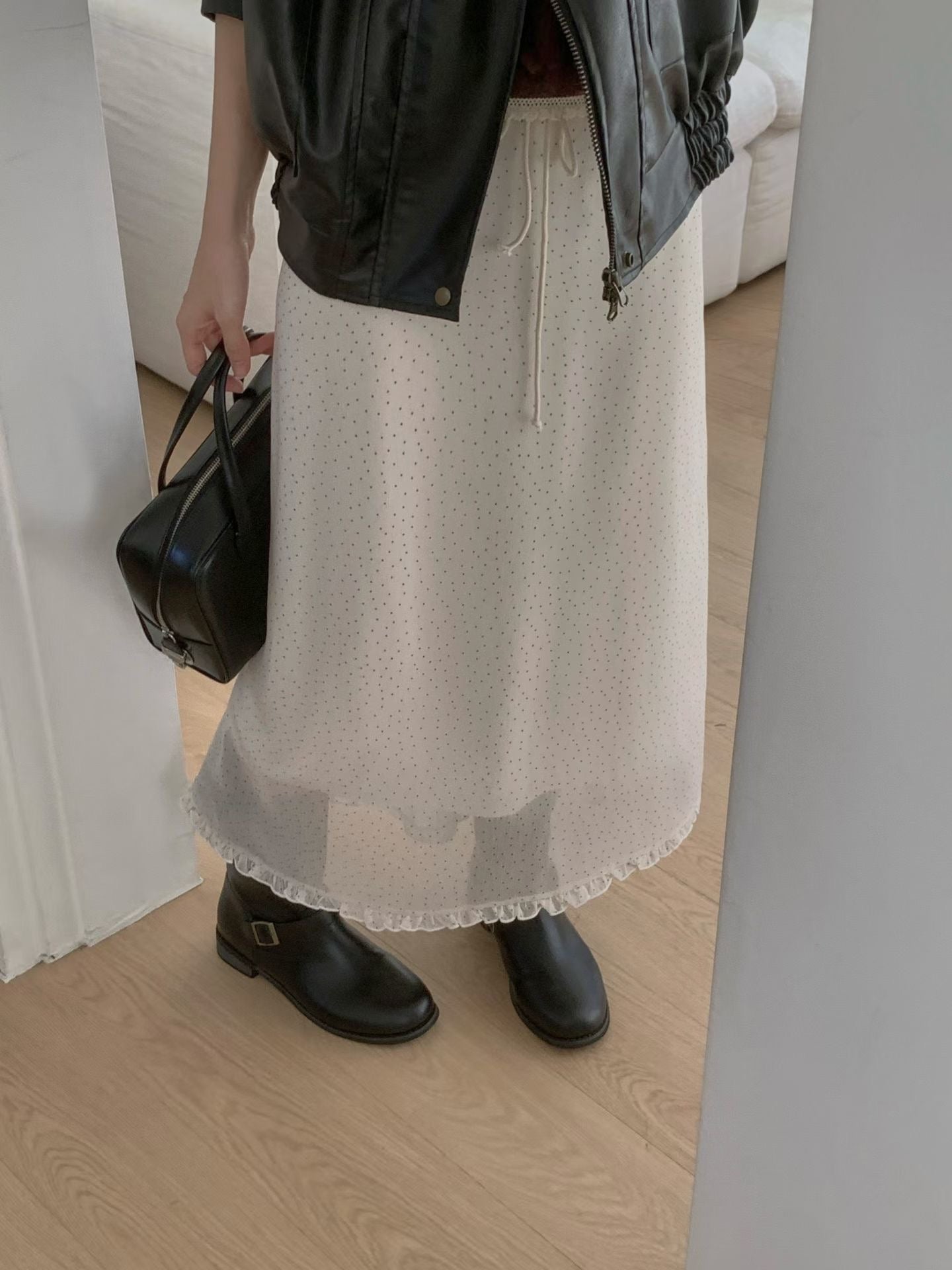 鬆緊腰dot dot花邊雪紡裙|2色入