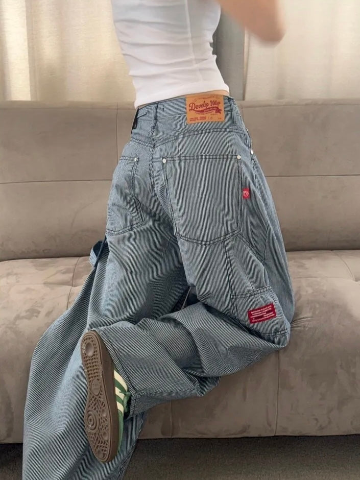 直條子工裝闊腳牛仔氣球褲|1色入