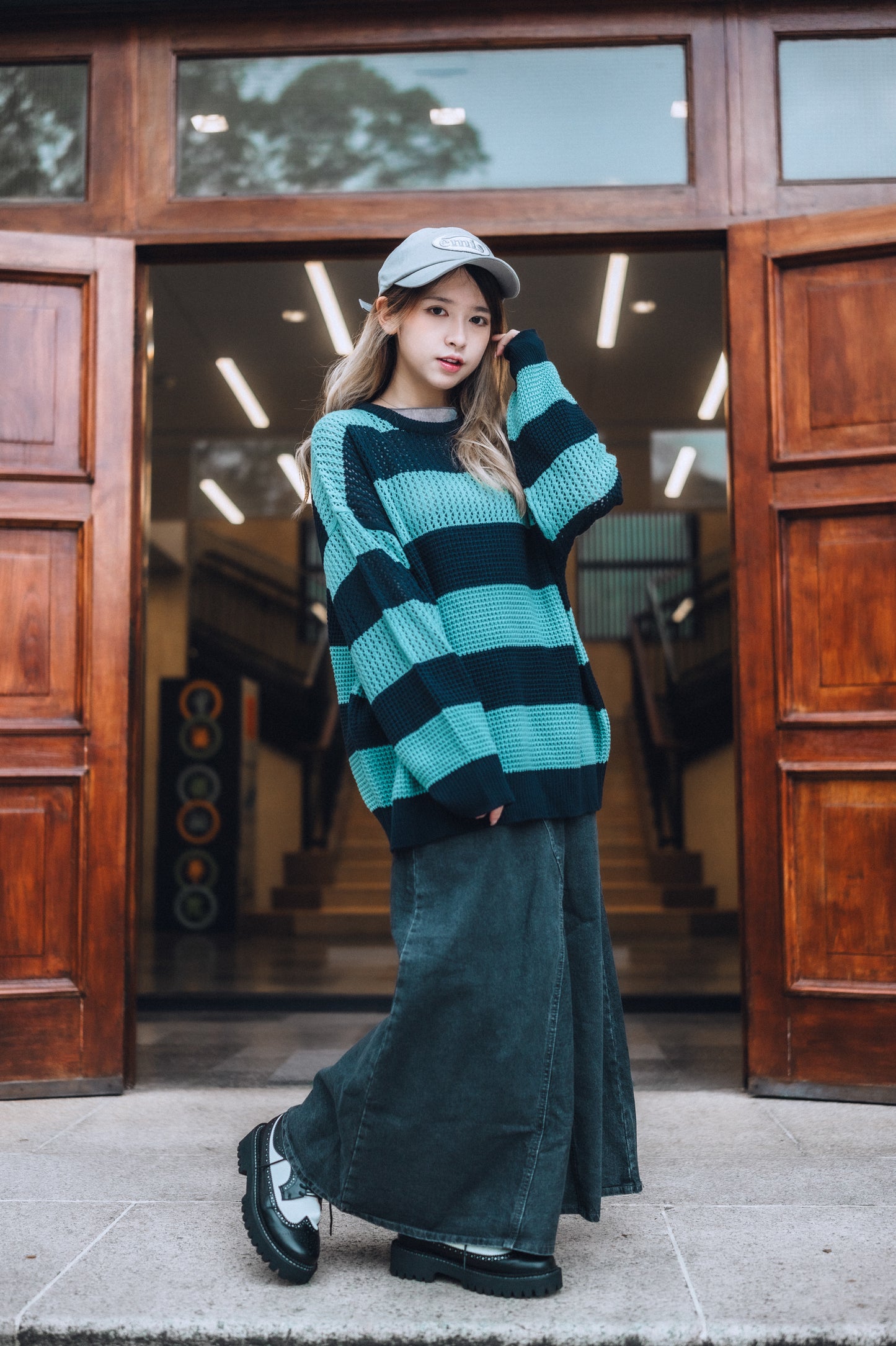 分岔車線傘型牛仔裙|2色入