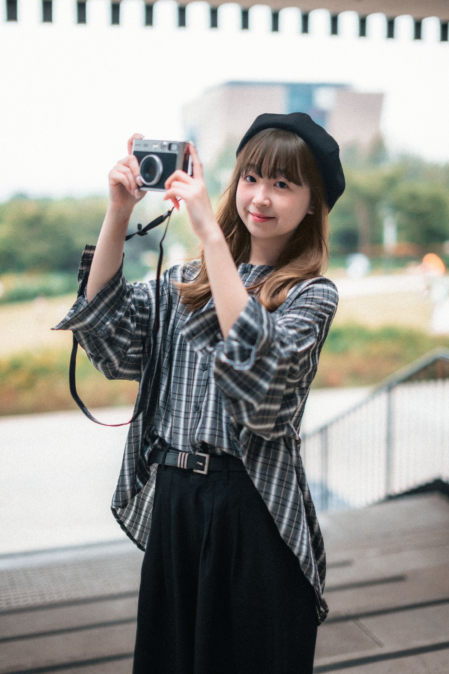 復古文青風口袋圓領格子恤衫|3色入