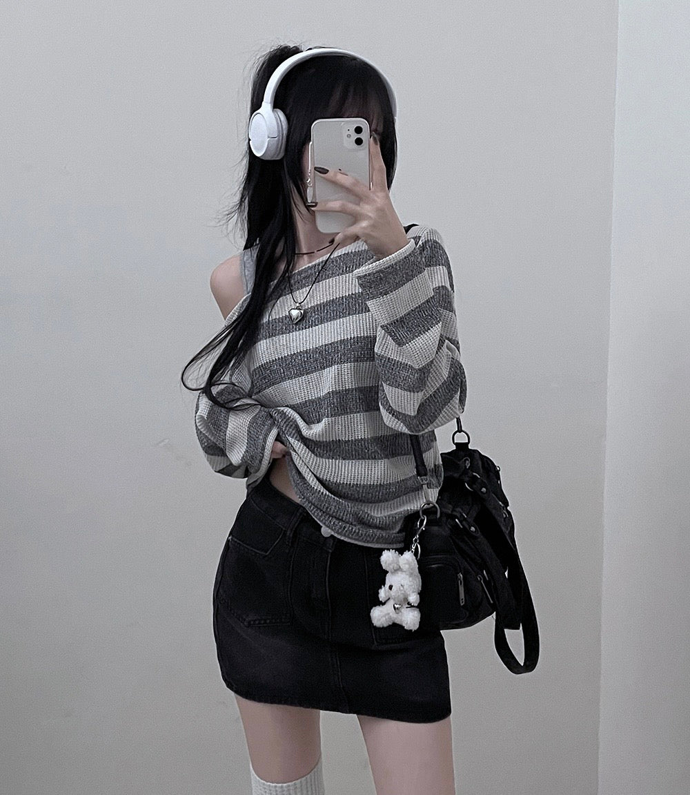 Striped Off Shoulder Knitwear Long Sleeve T-Shirt|2色入
