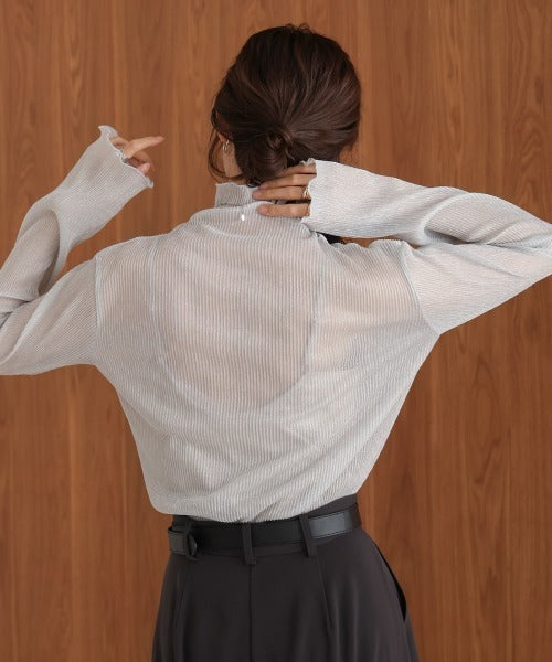 JP透明感🫧 細閃褶間透透高領上衣|2色入