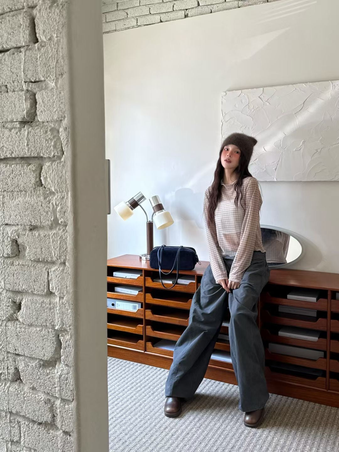 透膚格紋合身花邊top|4色入