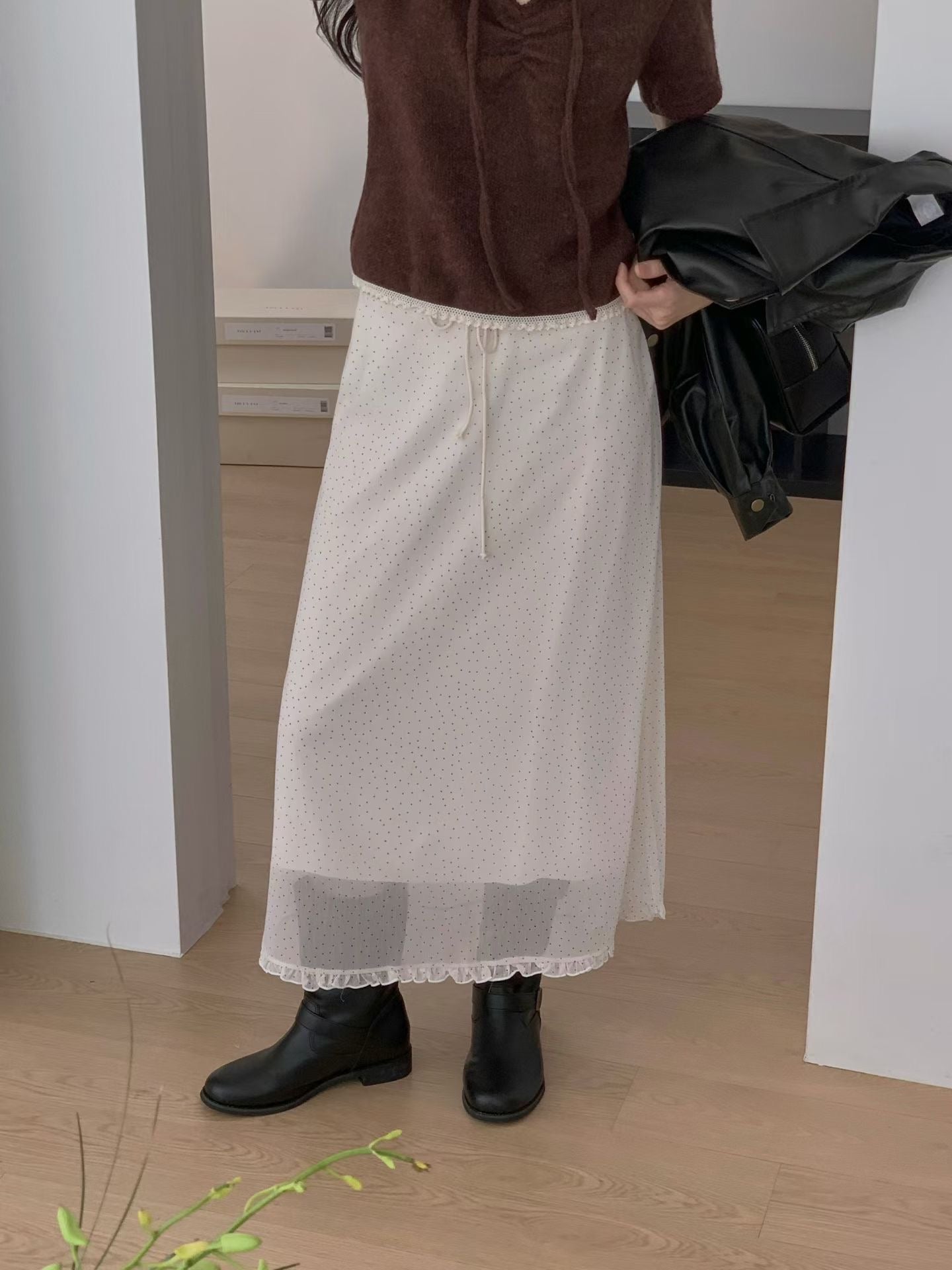 鬆緊腰dot dot花邊雪紡裙|2色入