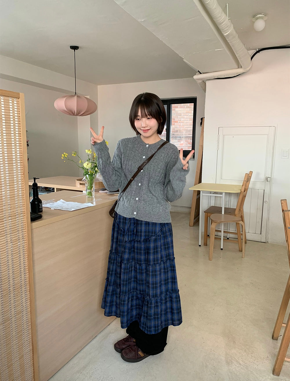 日系格紋荷葉邊復古長裙|2色入