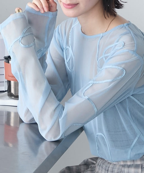 jp🇯🇵 立體線條刺繡透明長袖top|8色入