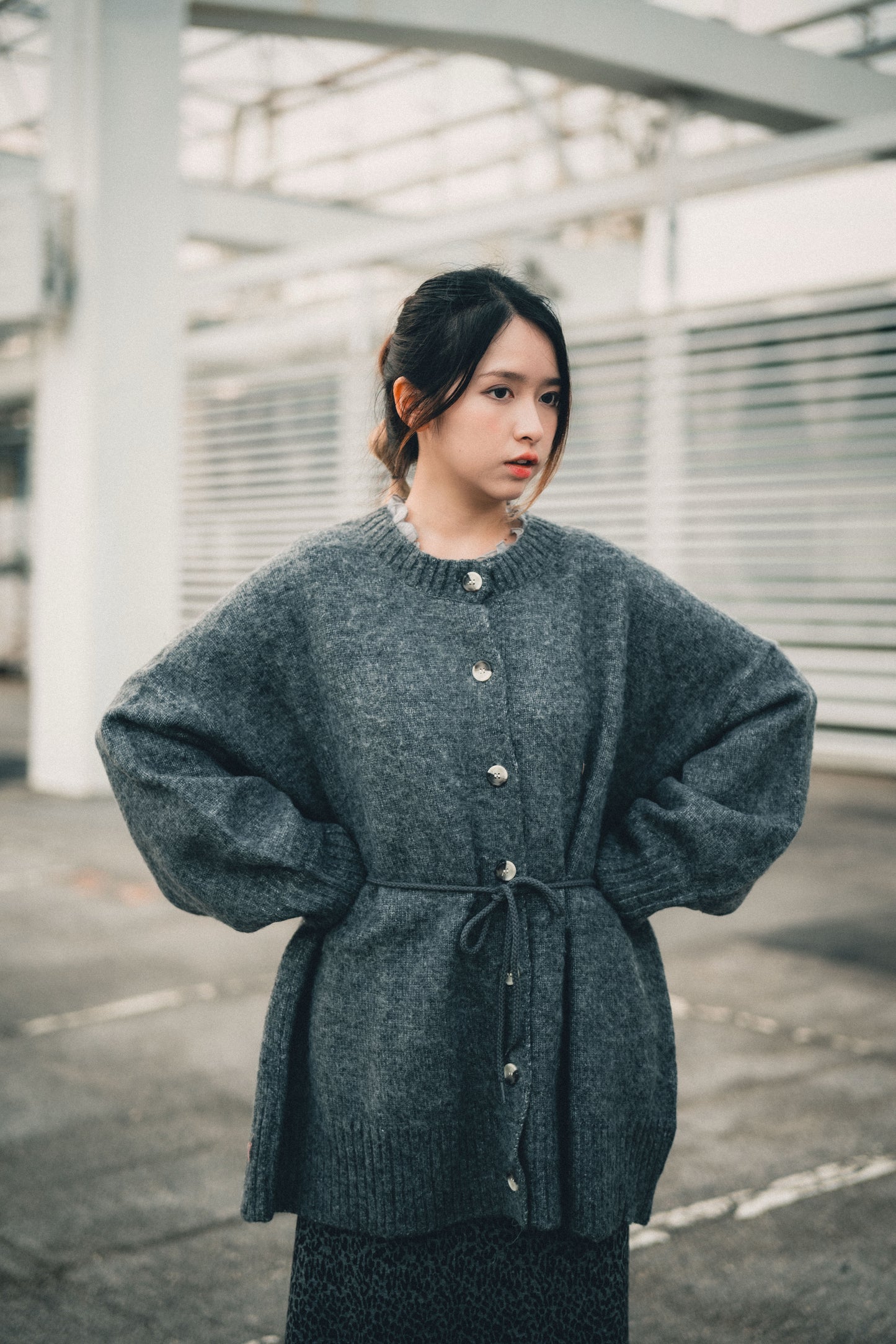 馬海毛觸感針織開襟衫搭配腰帶|5色入
