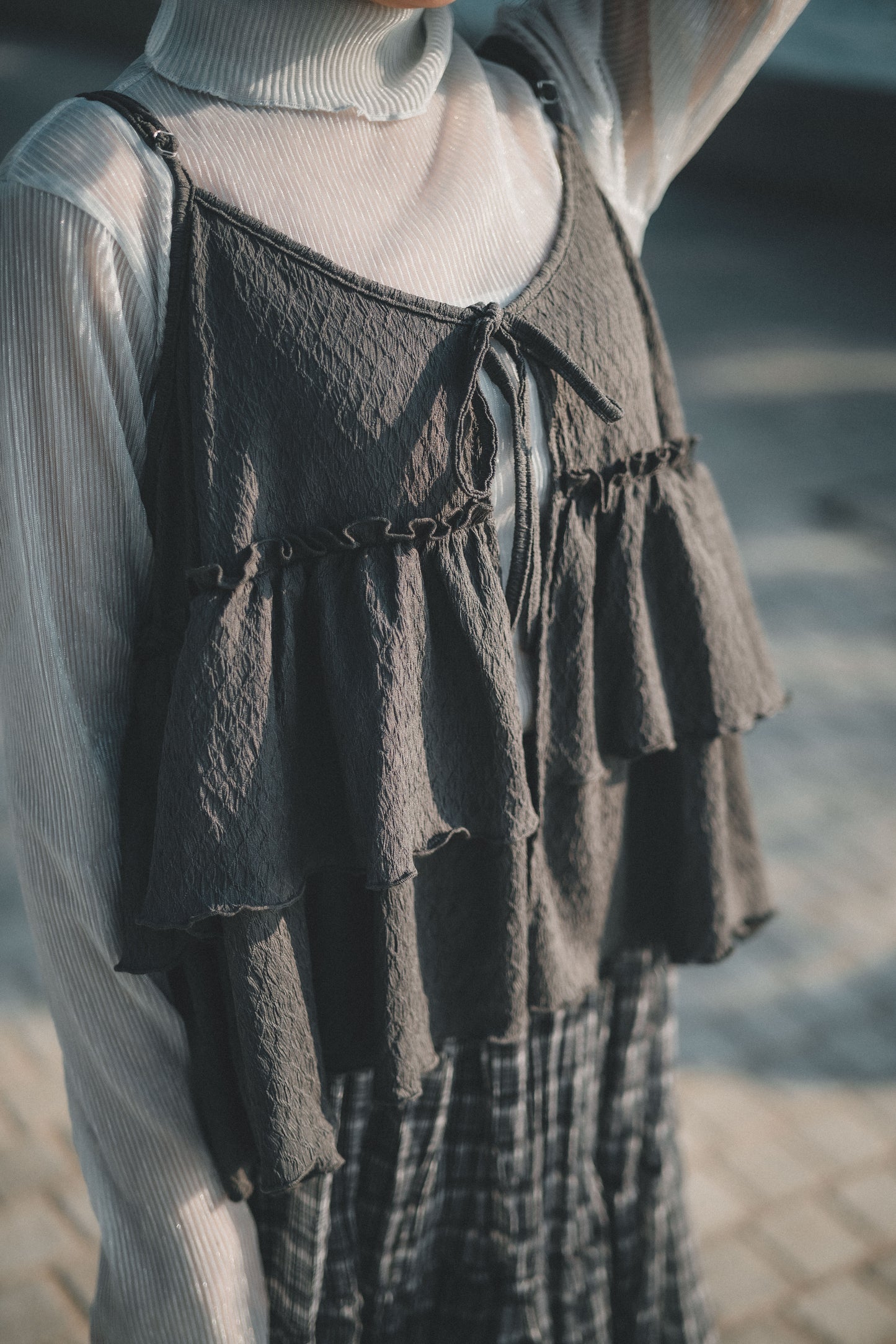 小菱格壓紋🔸荷葉吊帶layer|3色入