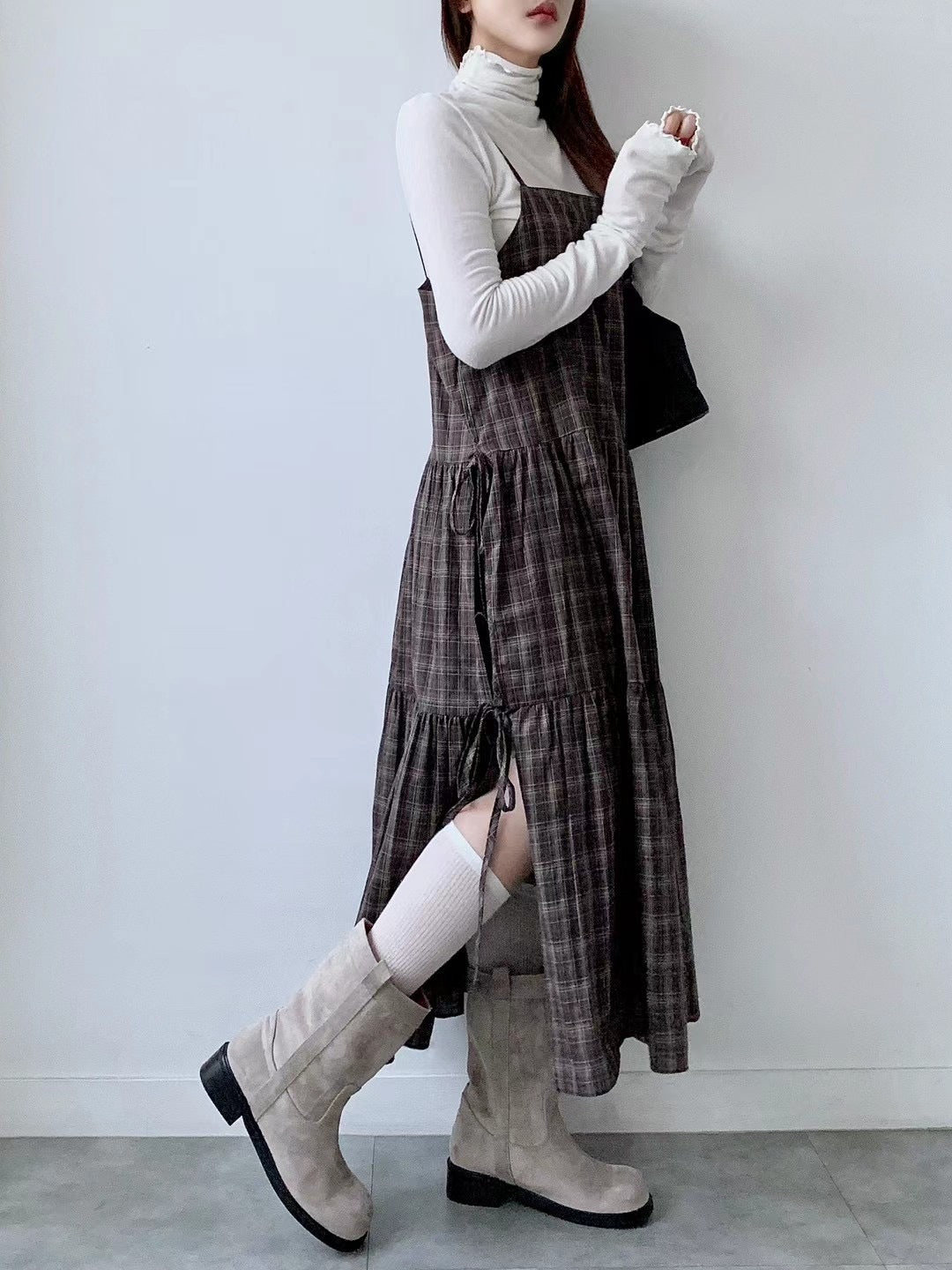 側分岔綁結格紋吊帶OPS🪵|2色入