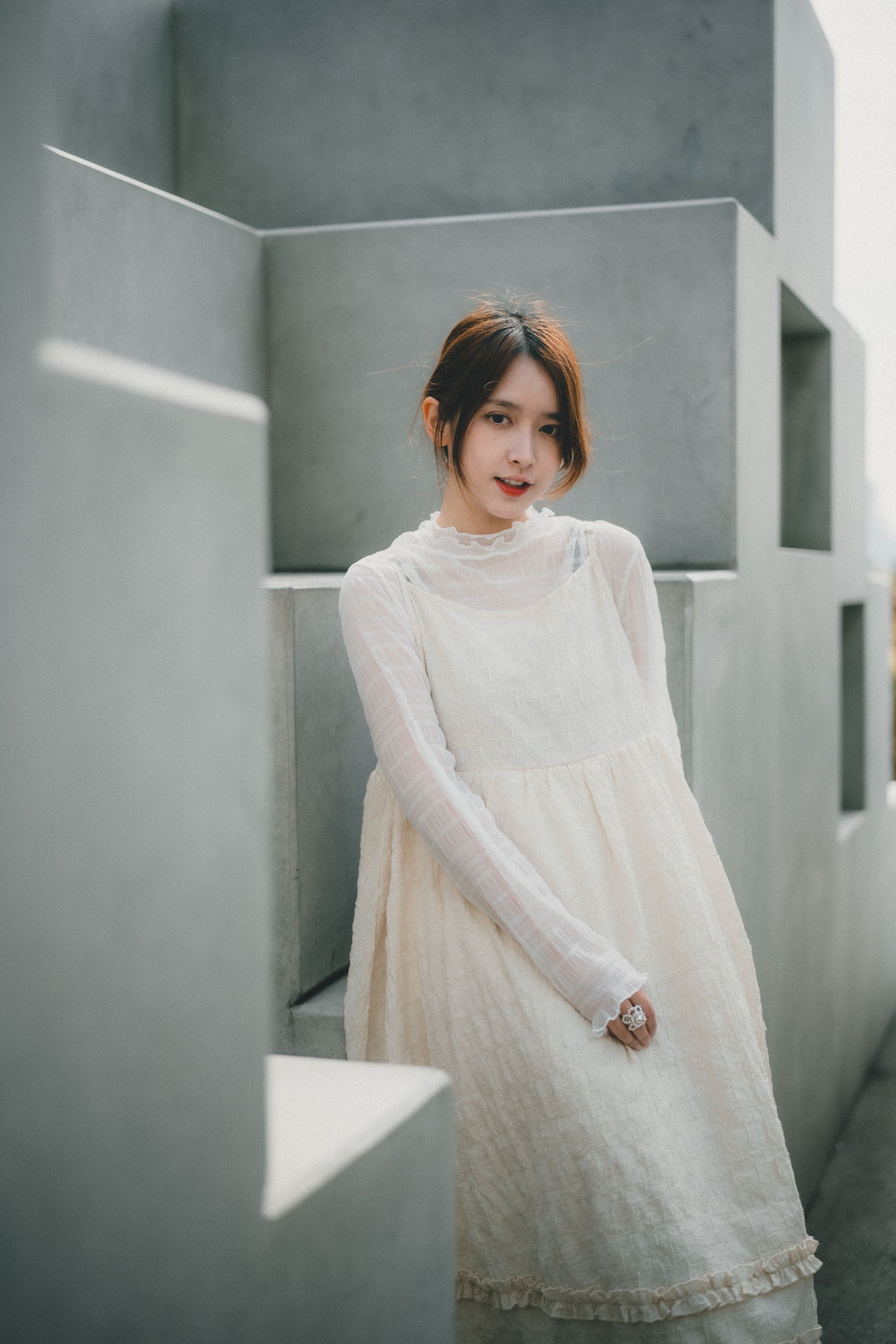 背綁帶壓格紋兩重Ruffle OPS|3色入