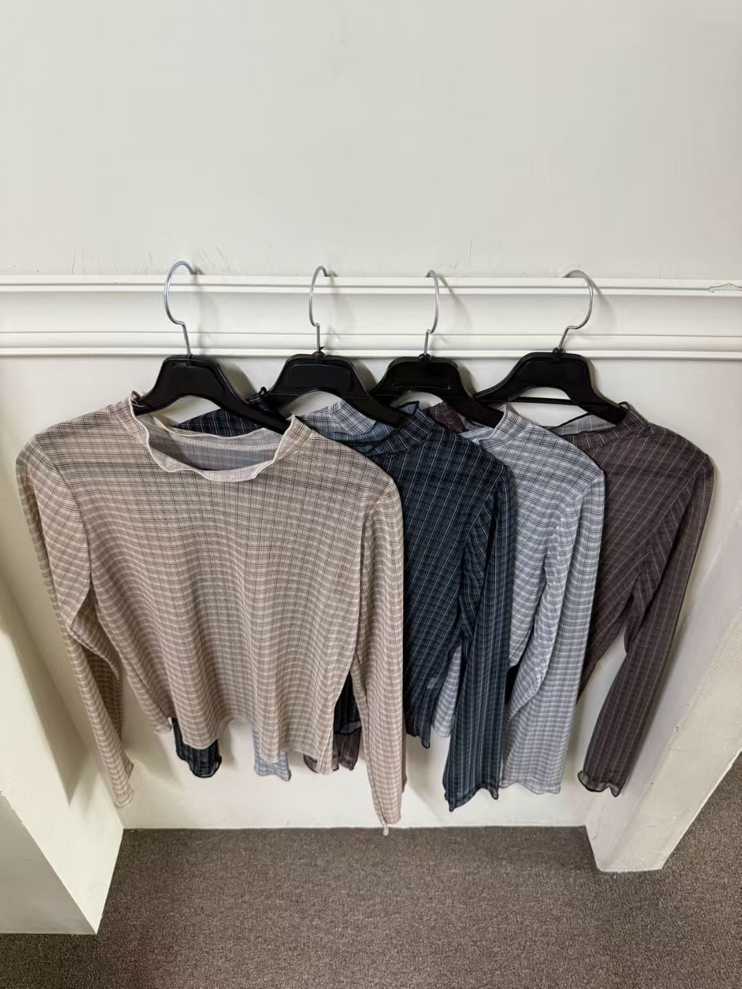 透膚格紋合身花邊top|4色入