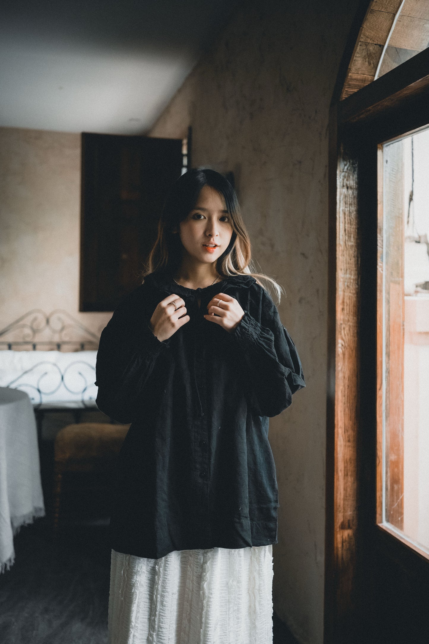 雙層花邊領小綁結襯衫|4色入