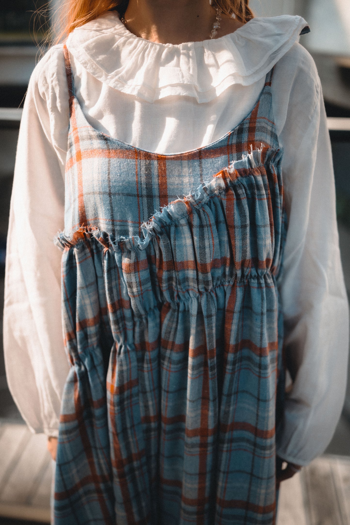 格子斜Ruffle吊帶OPS|2色入