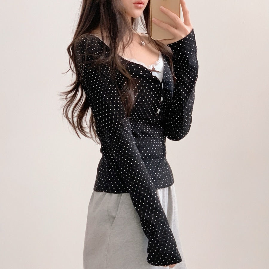 圓點鈕扣長袖T恤|2色入