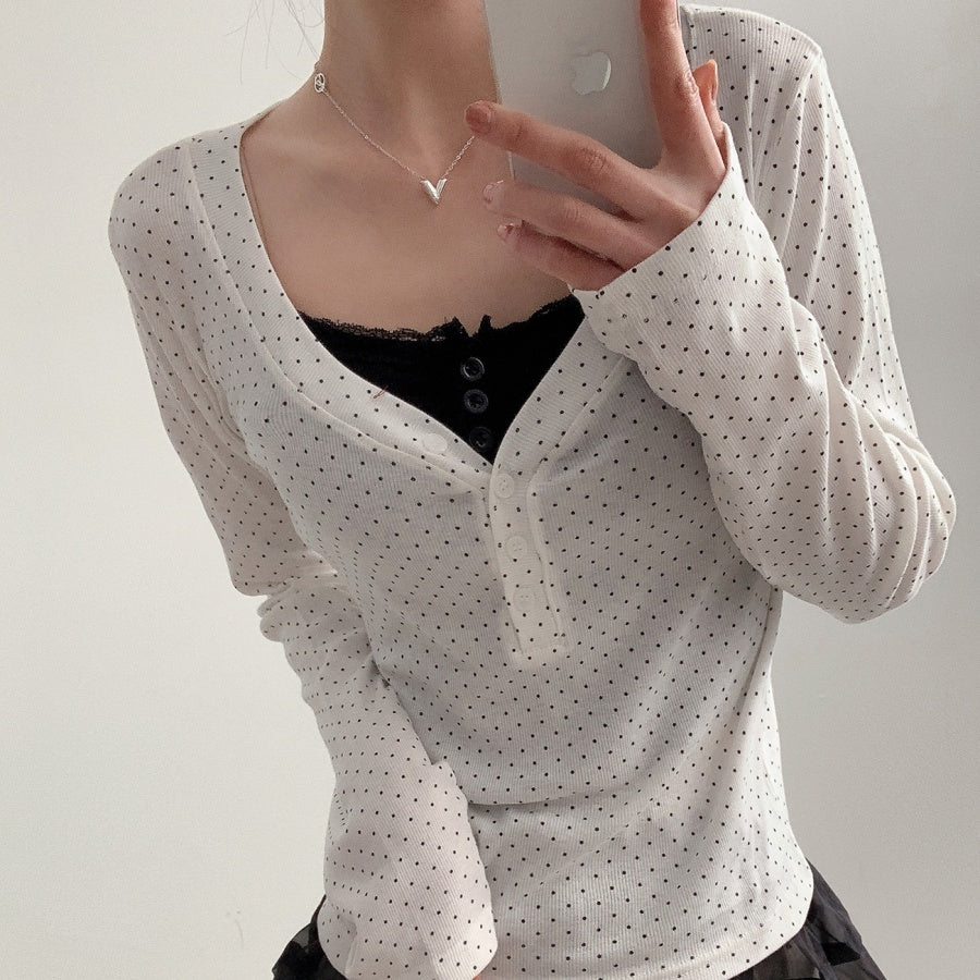 圓點鈕扣長袖T恤|2色入