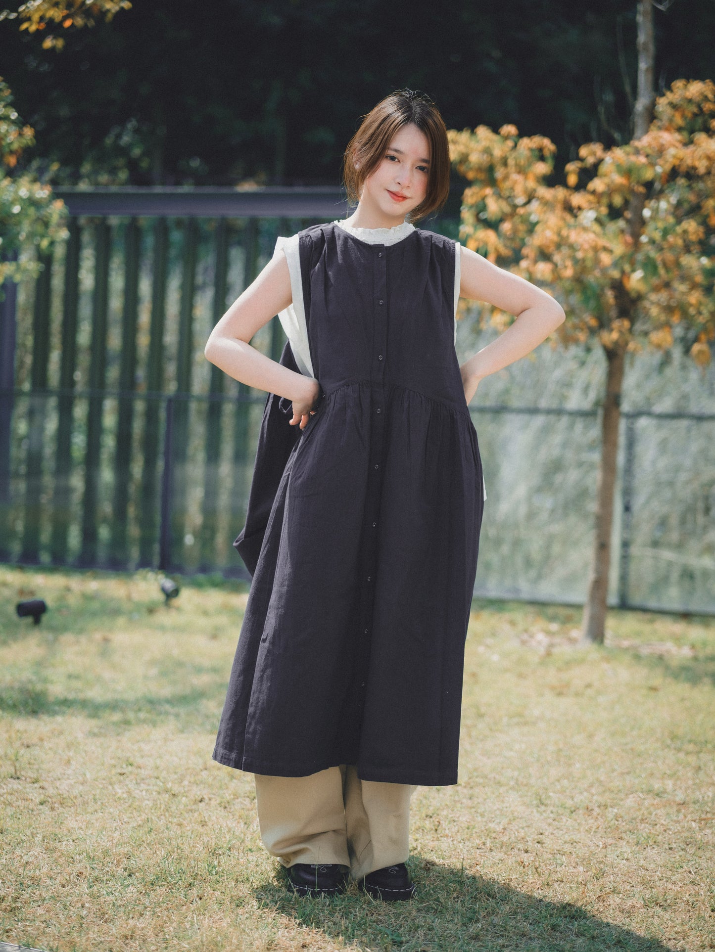 兩面 · 鈕扣 x 褶壓側綁帶ops|3色入