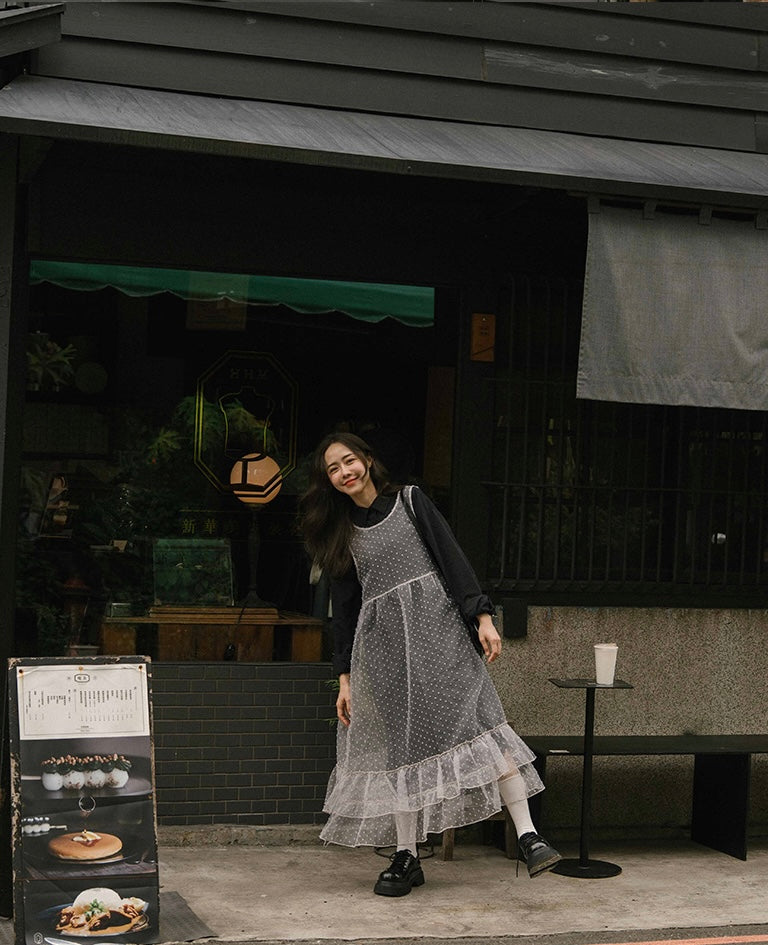 立體點點蛋糕下擺透膚綁帶罩衫|4色入