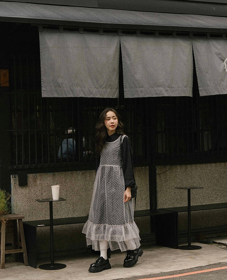 立體點點蛋糕下擺透膚綁帶罩衫|4色入