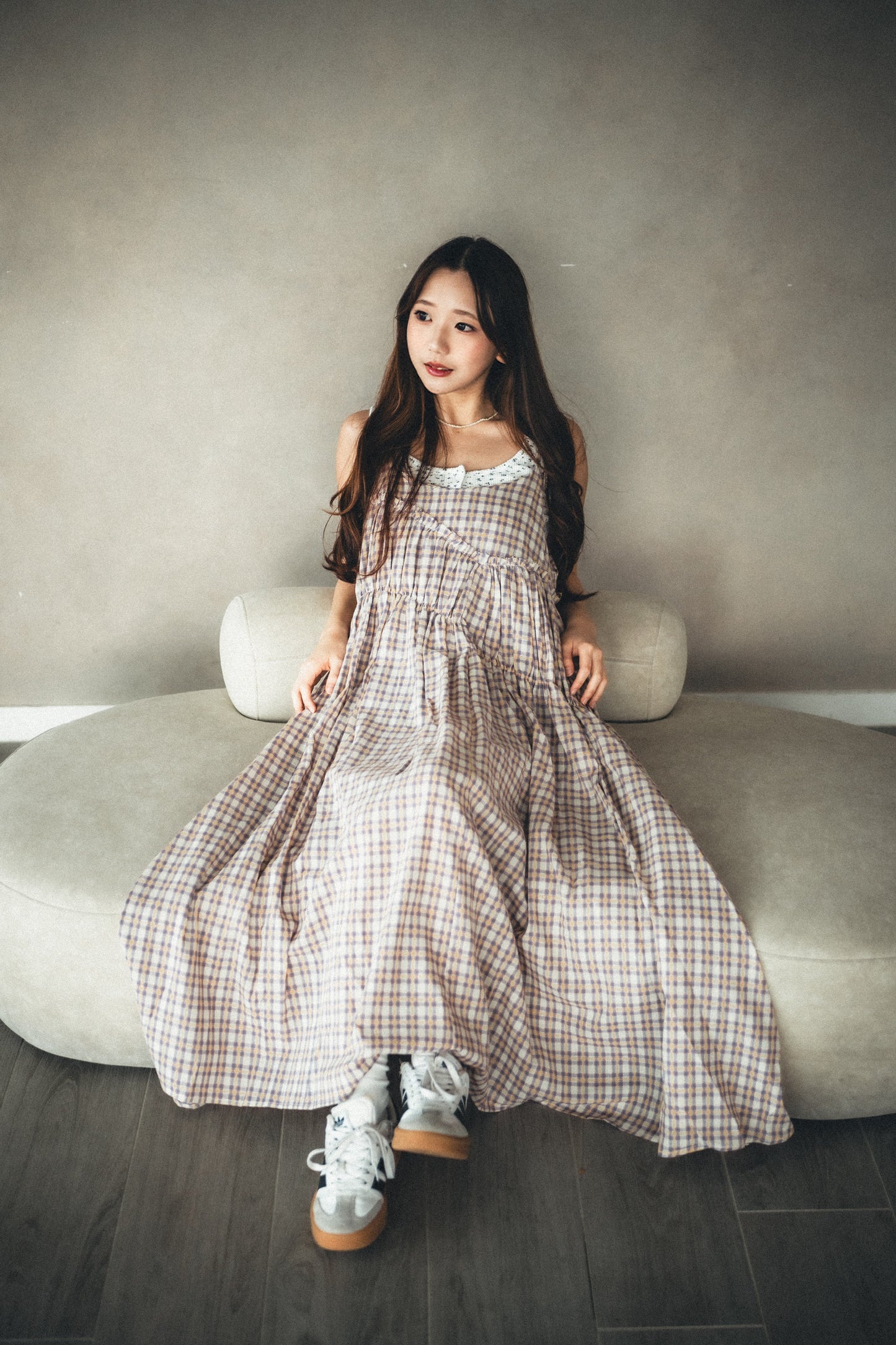 夏季色系🍬格子斜ruffle吊帶ops|3色入