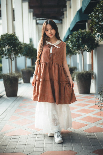 獨家！格紋ruffle綁帶馬甲背心｜2色入