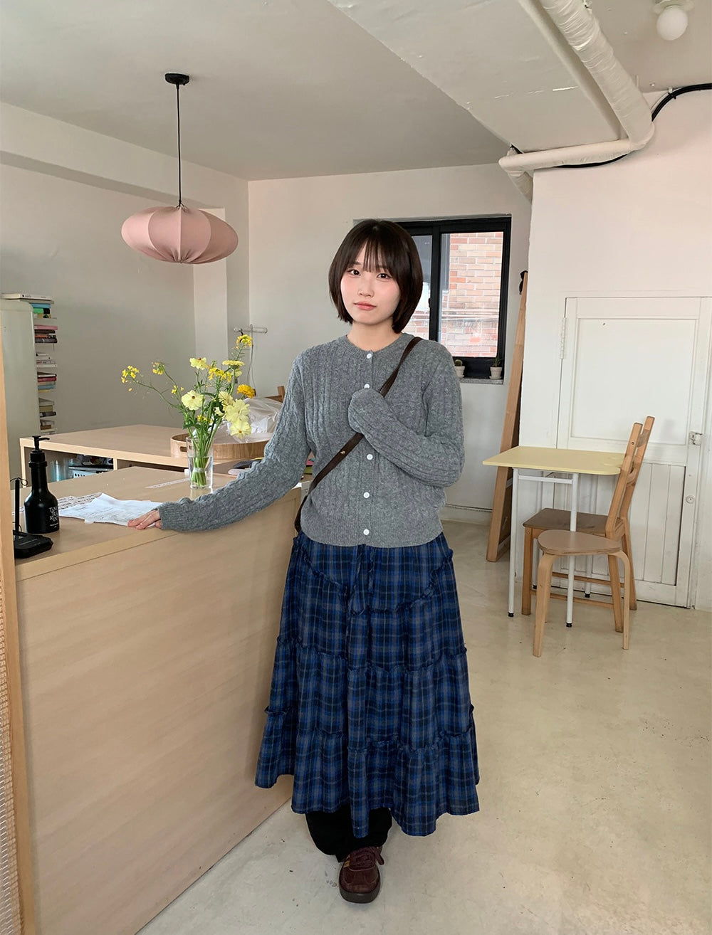 日系格紋荷葉邊復古長裙｜2色入