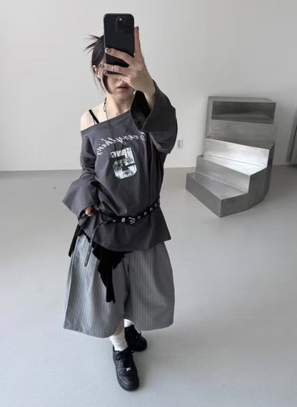 直條子六分西裝褲（連皮帶）｜2色入