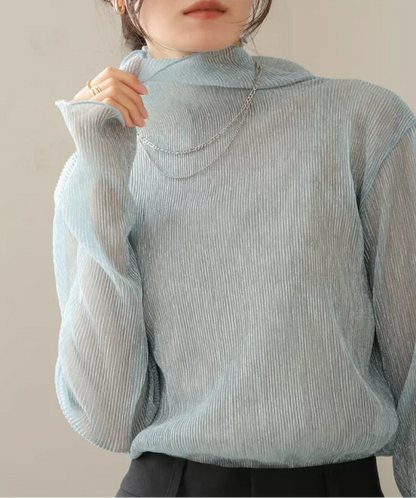 JP透明感🫧 細閃褶間透透高領上衣｜2色入