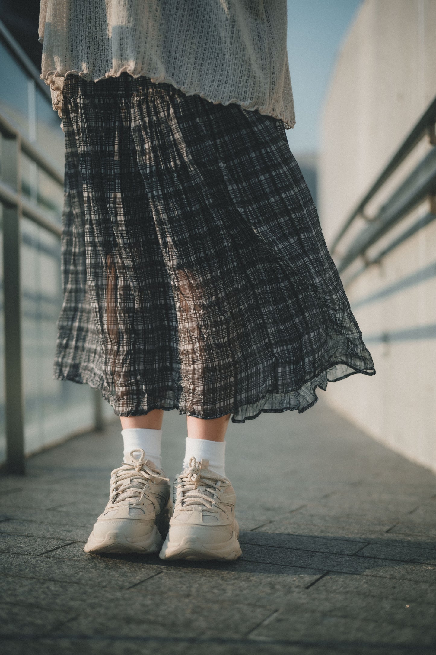 小格子飄逸兩層皺質雪紡裙｜2色入