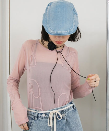 jp🇯🇵 立體線條刺繡透明長袖top｜8色入