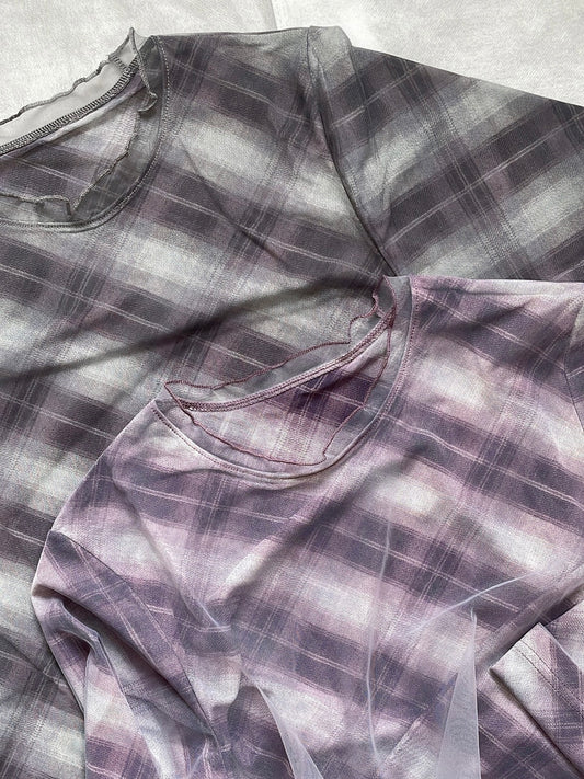 格紋拼紗領RUFFLE TOP｜3色入