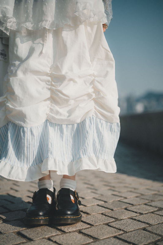 日系🤍 抽褶設計拼接直間花邊半裙｜2色入