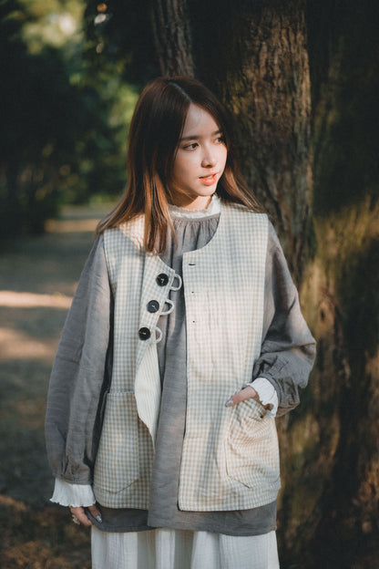 棉麻壓摺泡泡袖上衣｜3色入