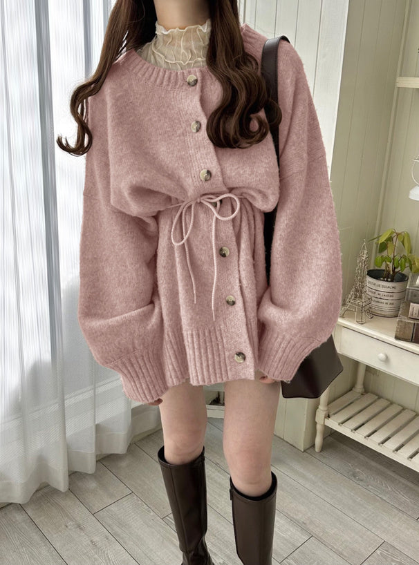 馬海毛觸感針織開襟衫搭配腰帶｜5色入